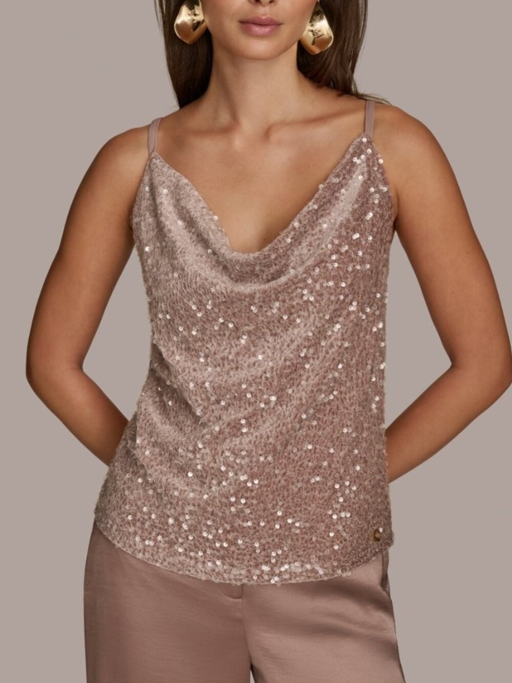 Donna Karan NY Women's Size XL Sequin Drape Neck Pink Camisole NEW